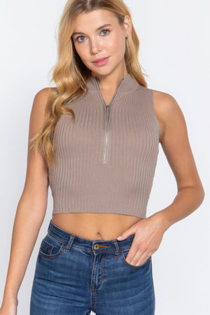 Sleeveless Rib Sweater Top W/Zipper - Women's sweater - SmartBuyApparel