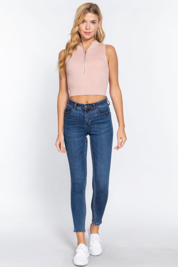 Sleeveless Rib Sweater Top W/Zipper - Women's sweater - SmartBuyApparel