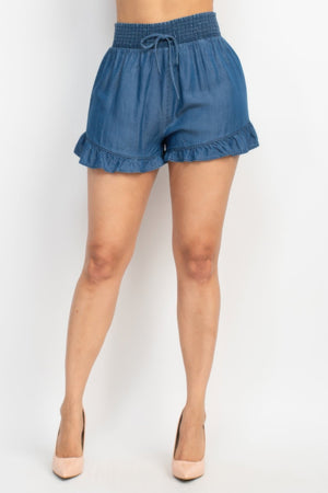 Smocked Waist Ruffled Denim Shorts - | SmartBuyApparel