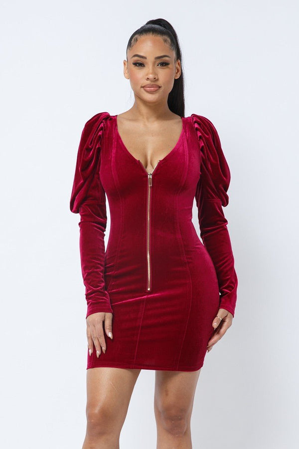 Soft Velvet Pleated Puff Sleeve Low V Neck Front And Back Mini Dress - Dress - SmartBuyApparel