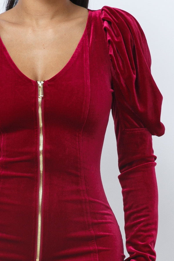 Soft Velvet Pleated Puff Sleeve Low V Neck Front And Back Mini Dress - Dress - SmartBuyApparel