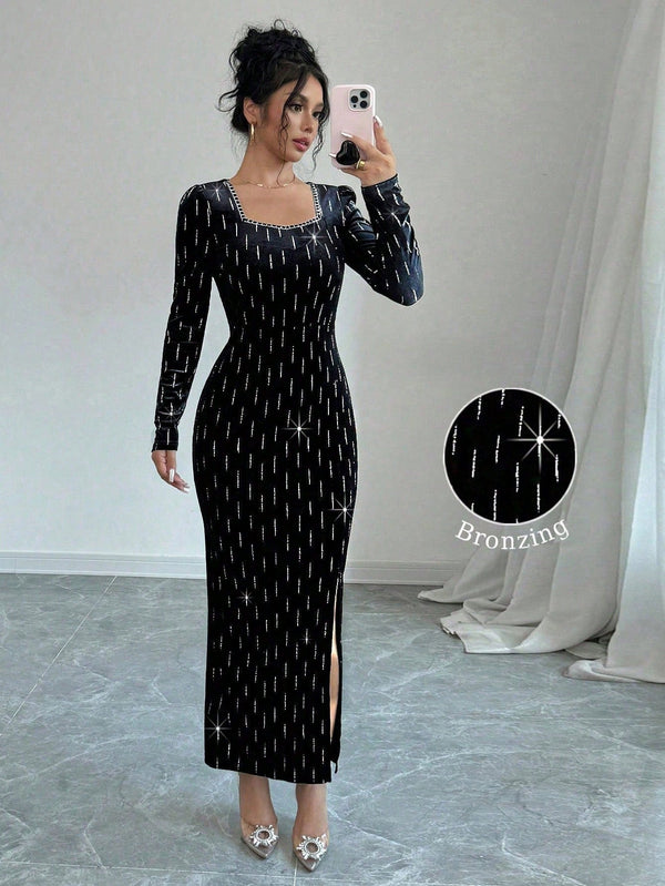 SOHEIL Black Velvet Foil Print Bodycon Dress with Square Neck - SmartBuyApparel - Women Long Dresses