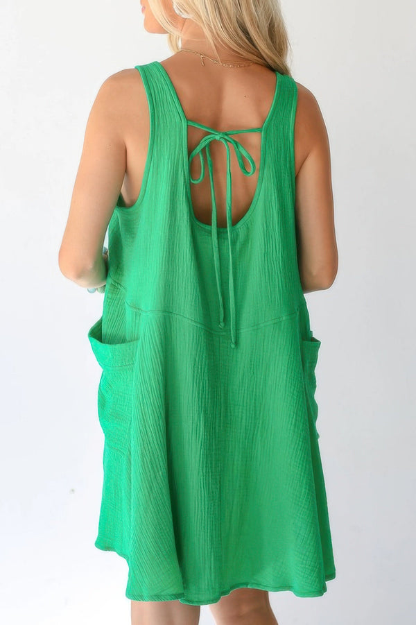 Solid A Line Pockets Low Back Knot Midi Dress - | SmartBuyApparel