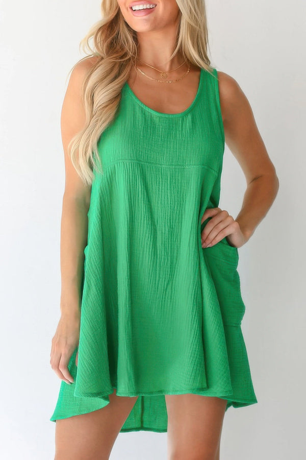 Solid A Line Pockets Low Back Knot Midi Dress - | SmartBuyApparel