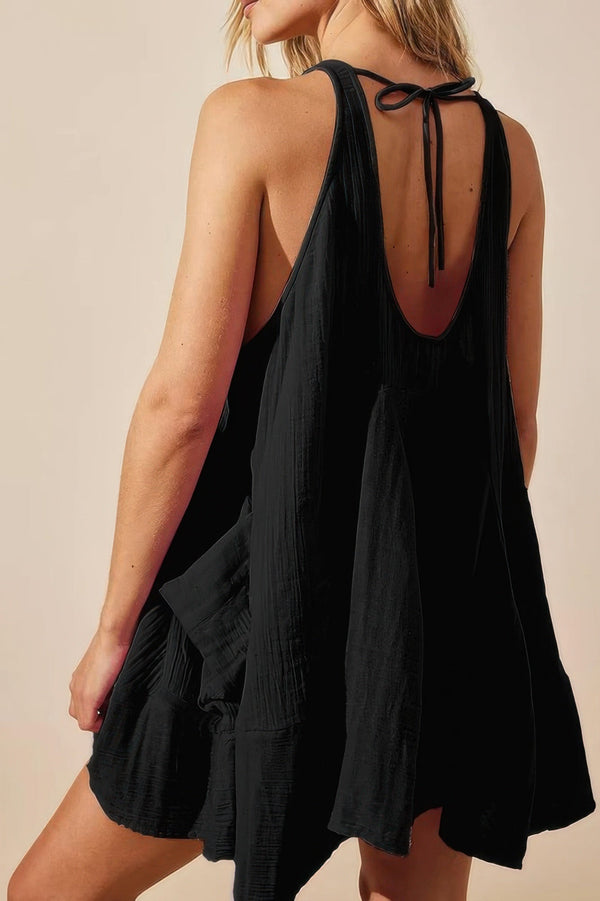 Solid A Line Pockets Low Back Knot Midi Dress - | SmartBuyApparel