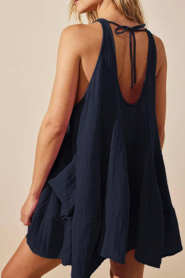 Solid A Line Pockets Low Back Knot Midi Dress - | SmartBuyApparel