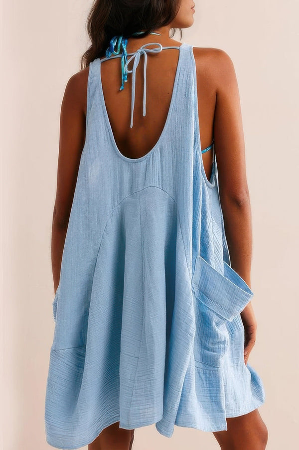 Solid A Line Pockets Low Back Knot Midi Dress - | SmartBuyApparel