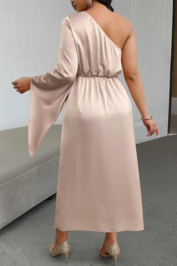 Solid Asymmetric Floral Ruched Flared Sleeve Dress - | SmartBuyApparel