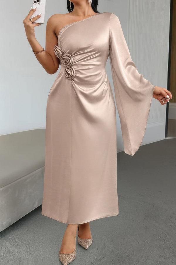 Solid Asymmetric Floral Ruched Flared Sleeve Dress - | SmartBuyApparel