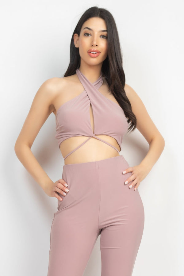 Solid Halter Top And Elastic Leggings Set - Women's set - SmartBuyApparel