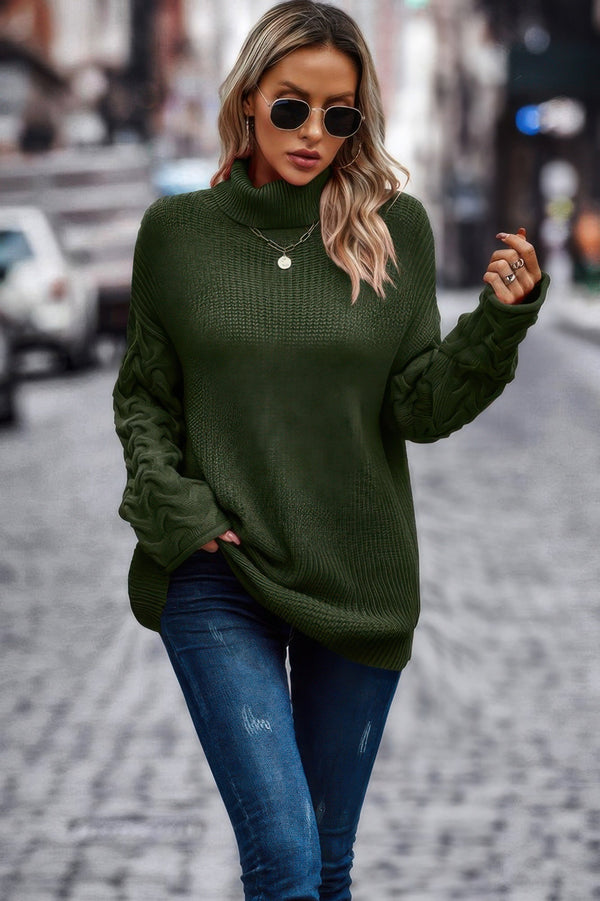 Solid Knit Long Sleeve Turtleneck Loose Sweater - | SmartBuyApparel