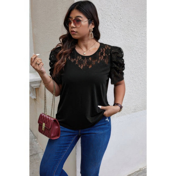 Solid Lace Ruffle Sleeve Hollow Out Elegant Shirt - | SmartBuyApparel