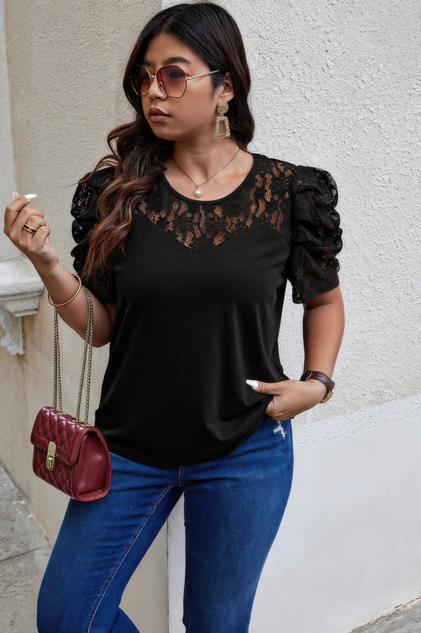 Solid Lace Ruffle Sleeve Hollow Out Elegant Shirt - | SmartBuyApparel