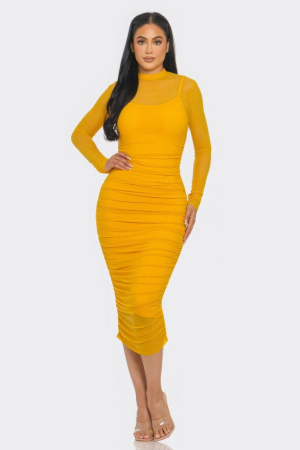 Solid Mesh Ruched Midi Dress - Dress - SmartBuyApparel