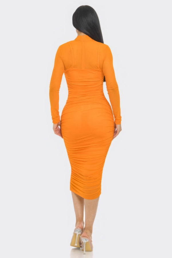 Solid Mesh Ruched Midi Dress - Dress - SmartBuyApparel