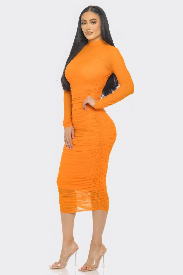 Solid Mesh Ruched Midi Dress - Dress - SmartBuyApparel