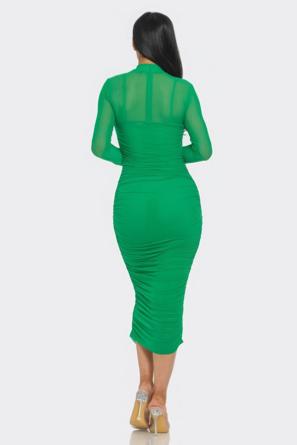 Solid Mesh Ruched Midi Dress - Dress - SmartBuyApparel