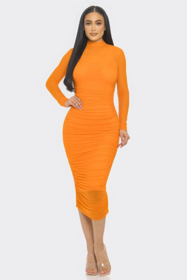 Solid Mesh Ruched Midi Dress - Dress - SmartBuyApparel