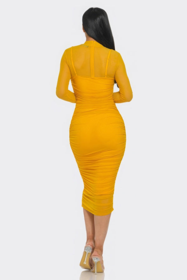 Solid Mesh Ruched Midi Dress - Dress - SmartBuyApparel