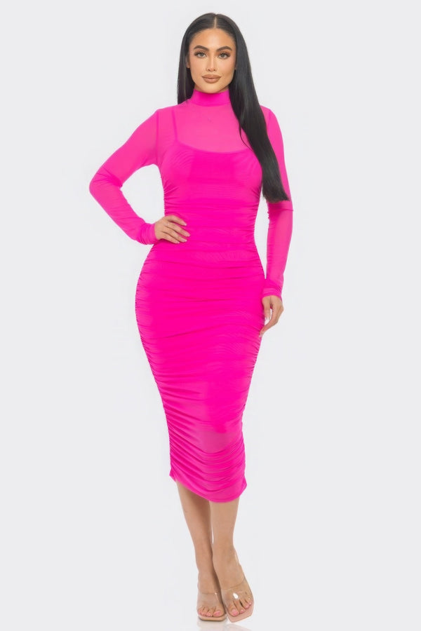 Solid Mesh Ruched Midi Dress - Dress - SmartBuyApparel