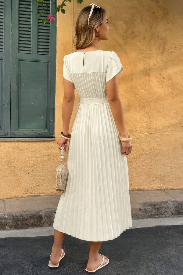 Solid Pleated Belt Short Puff Sleeves Fit Dress - | SmartBuyApparel