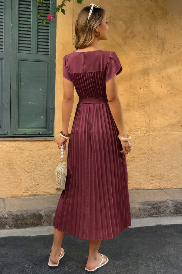 Solid Pleated Belt Short Puff Sleeves Fit Dress - | SmartBuyApparel