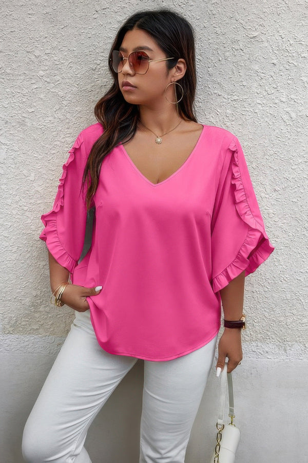 Solid Plus V Neck Ruffle Trim Petal Sleeve Blouse - | SmartBuyApparel