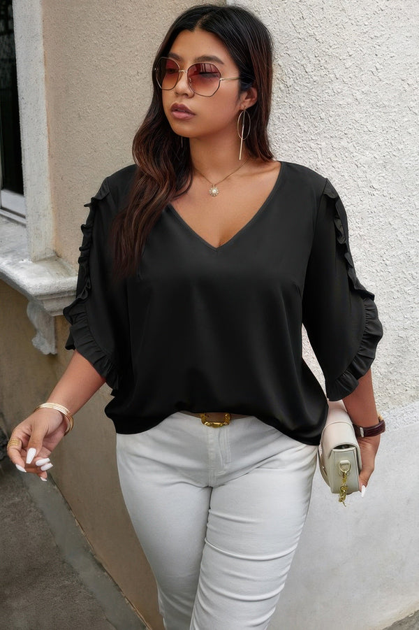 Solid Plus V Neck Ruffle Trim Petal Sleeve Blouse - | SmartBuyApparel