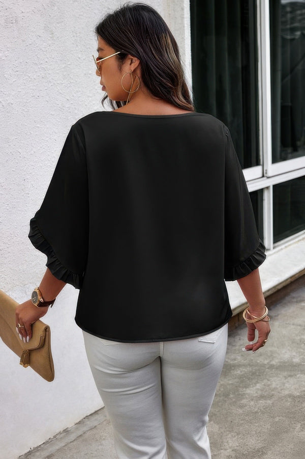Solid Plus V Neck Ruffle Trim Petal Sleeve Blouse - | SmartBuyApparel