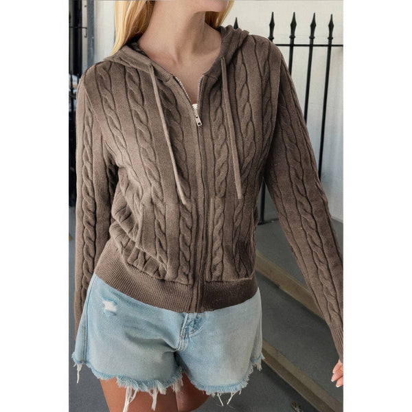 Solid Pocket Cable Knit Hooded Jacket - Women's jacket - SmartBuyApparel