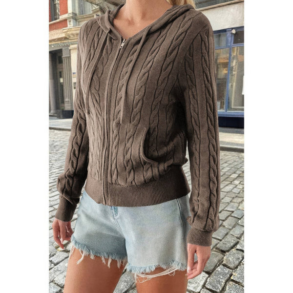 Solid Pocket Cable Knit Hooded Jacket - Women's jacket - SmartBuyApparel