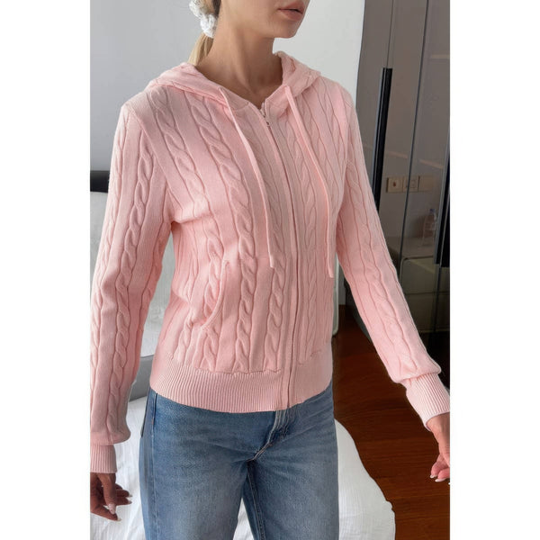 Solid Pocket Cable Knit Hooded Jacket - Women's jacket - SmartBuyApparel