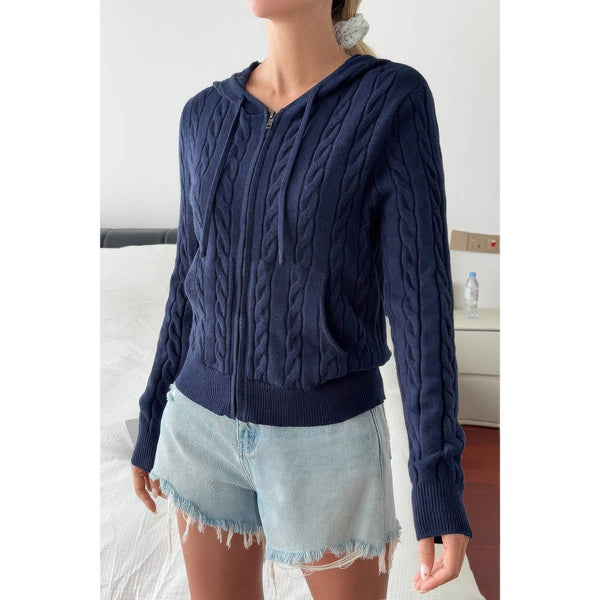 Solid Pocket Cable Knit Hooded Jacket - Women's jacket - SmartBuyApparel