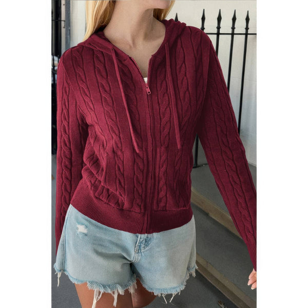 Solid Pocket Cable Knit Hooded Jacket - Women's jacket - SmartBuyApparel