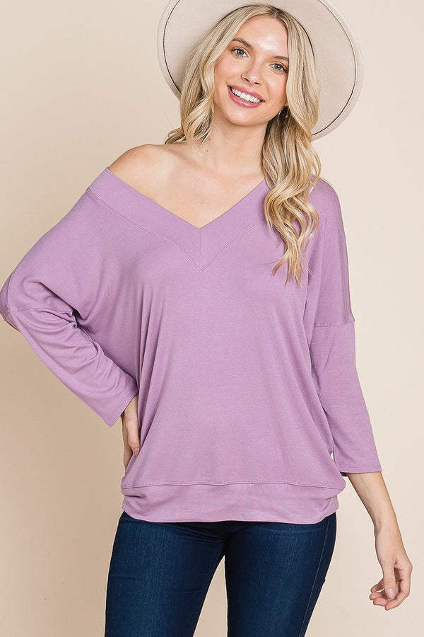 Solid Rib Modal Casual 3/4 Sleeves Dolman Sleeves Top - Women's top - SmartBuyApparel