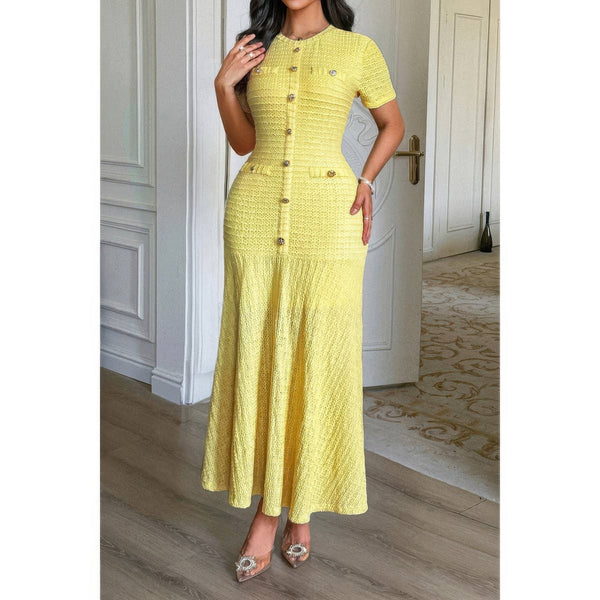 Solid Round Neck Button Elegant Sheath Dress - Dress - SmartBuyApparel