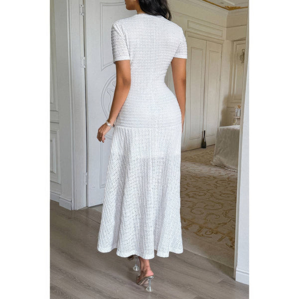 Solid Round Neck Button Elegant Sheath Dress - Dress - SmartBuyApparel