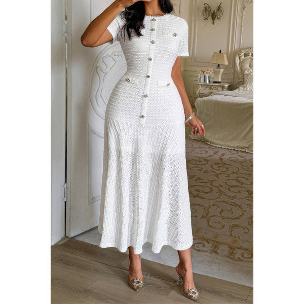 Solid Round Neck Button Elegant Sheath Dress - Dress - SmartBuyApparel