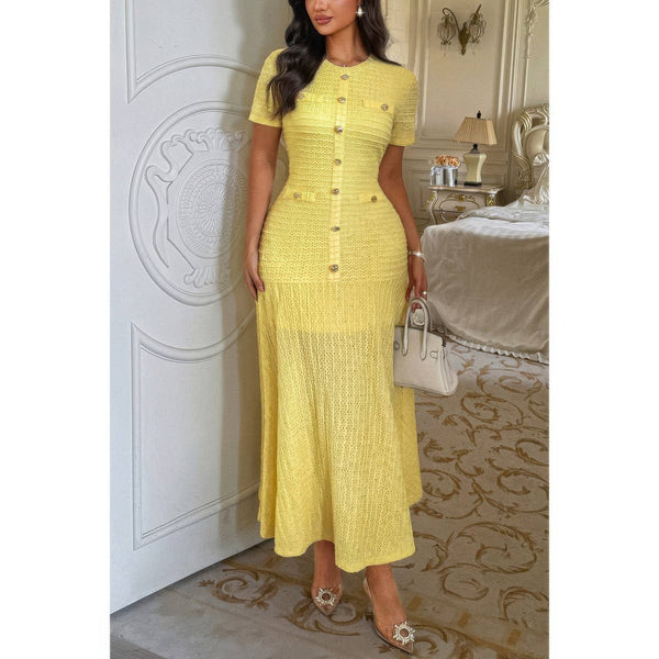 Solid Round Neck Button Elegant Sheath Dress - Dress - SmartBuyApparel