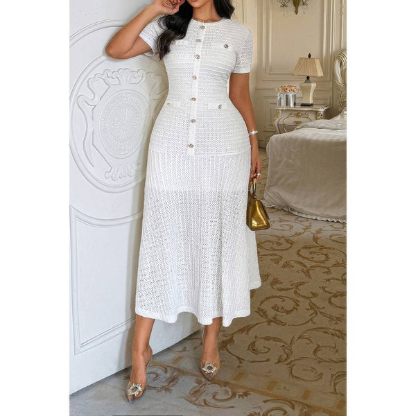 Solid Round Neck Button Elegant Sheath Dress - Dress - SmartBuyApparel