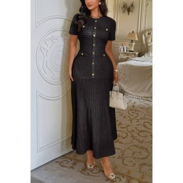 Solid Round Neck Button Elegant Sheath Dress - Dress - SmartBuyApparel