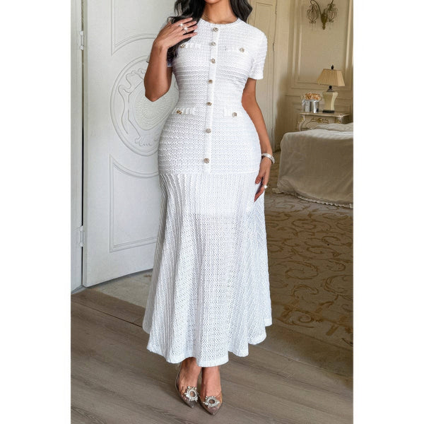 Solid Round Neck Button Elegant Sheath Dress - Dress - SmartBuyApparel