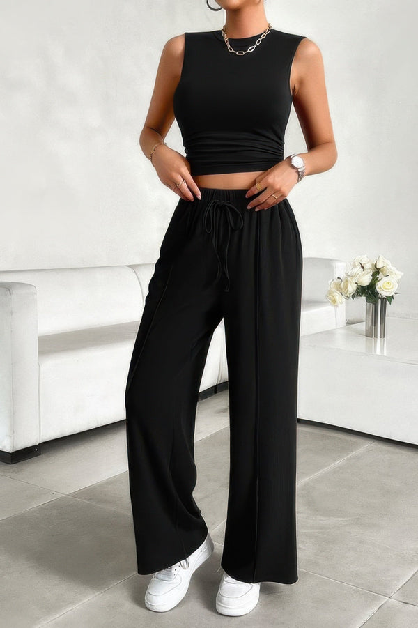 Solid Round Neck Sleeveless Drawstring Pockets Set - | SmartBuyApparel