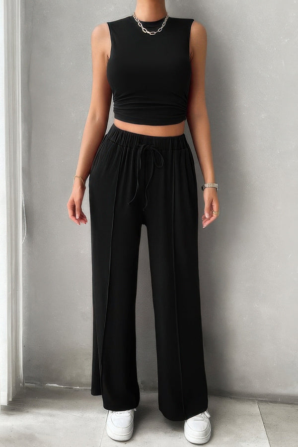 Solid Round Neck Sleeveless Drawstring Pockets Set - | SmartBuyApparel