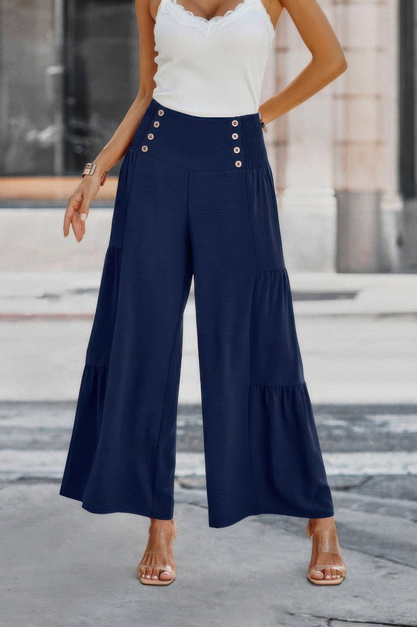 Solid Ruffle Button Wide Leg Pant - | SmartBuyApparel