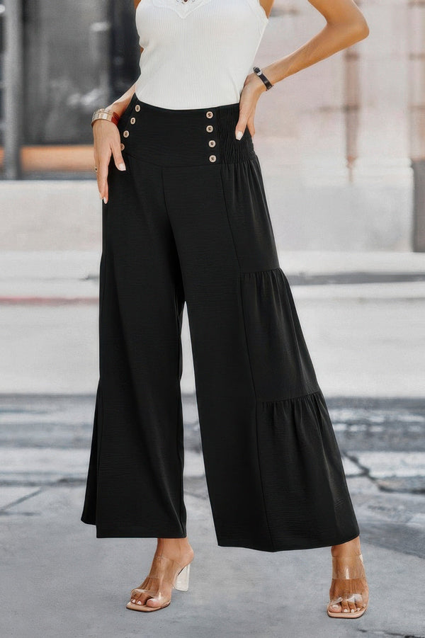 Solid Ruffle Button Wide Leg Pant - | SmartBuyApparel