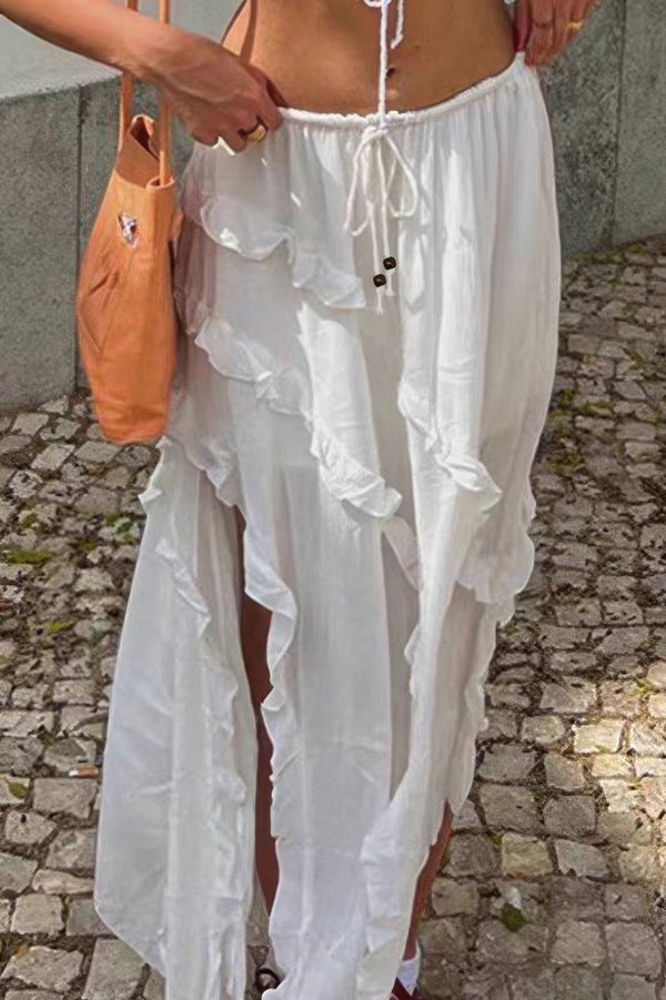 Solid Ruffle Drawstring Waist Asymmetry Hem Skirt - | SmartBuyApparel