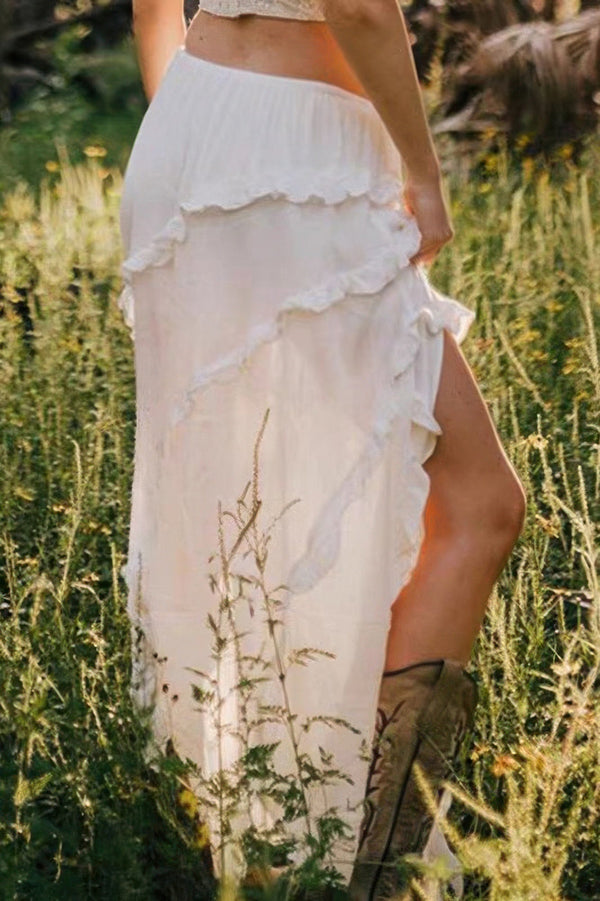 Solid Ruffle Drawstring Waist Asymmetry Hem Skirt - | SmartBuyApparel