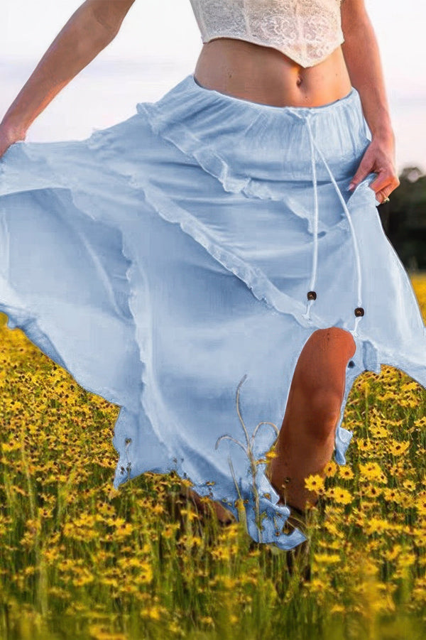 Solid Ruffle Drawstring Waist Asymmetry Hem Skirt - | SmartBuyApparel