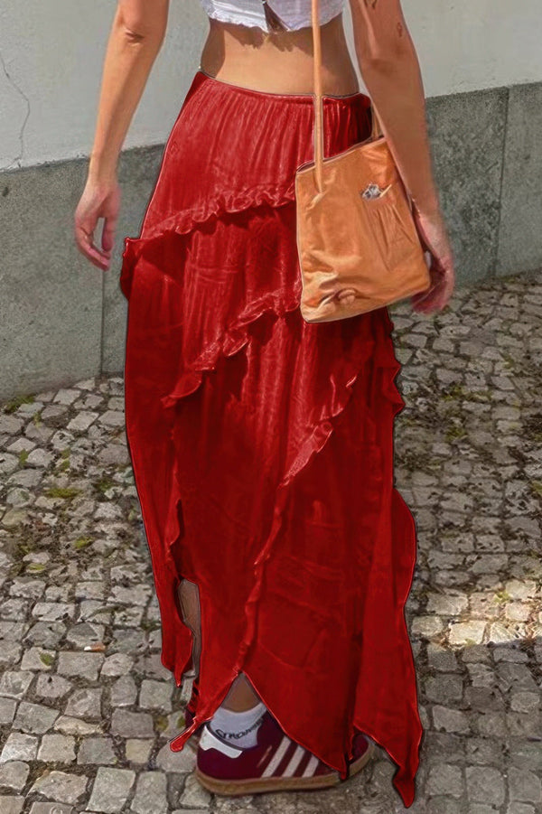 Solid Ruffle Drawstring Waist Asymmetry Hem Skirt - | SmartBuyApparel